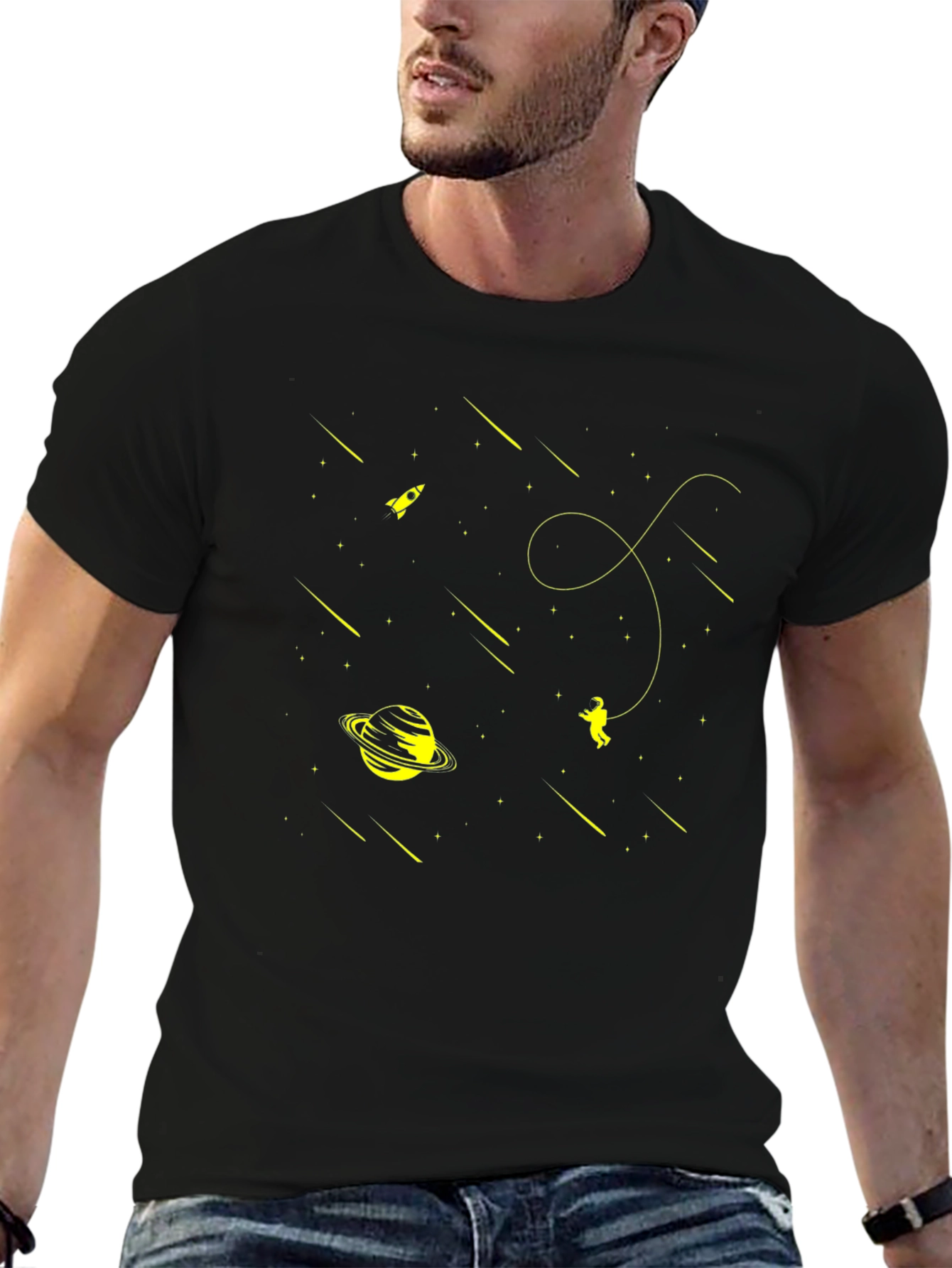 Space Explorer Black T-Shirt: Rocket Planet Astronaut Design