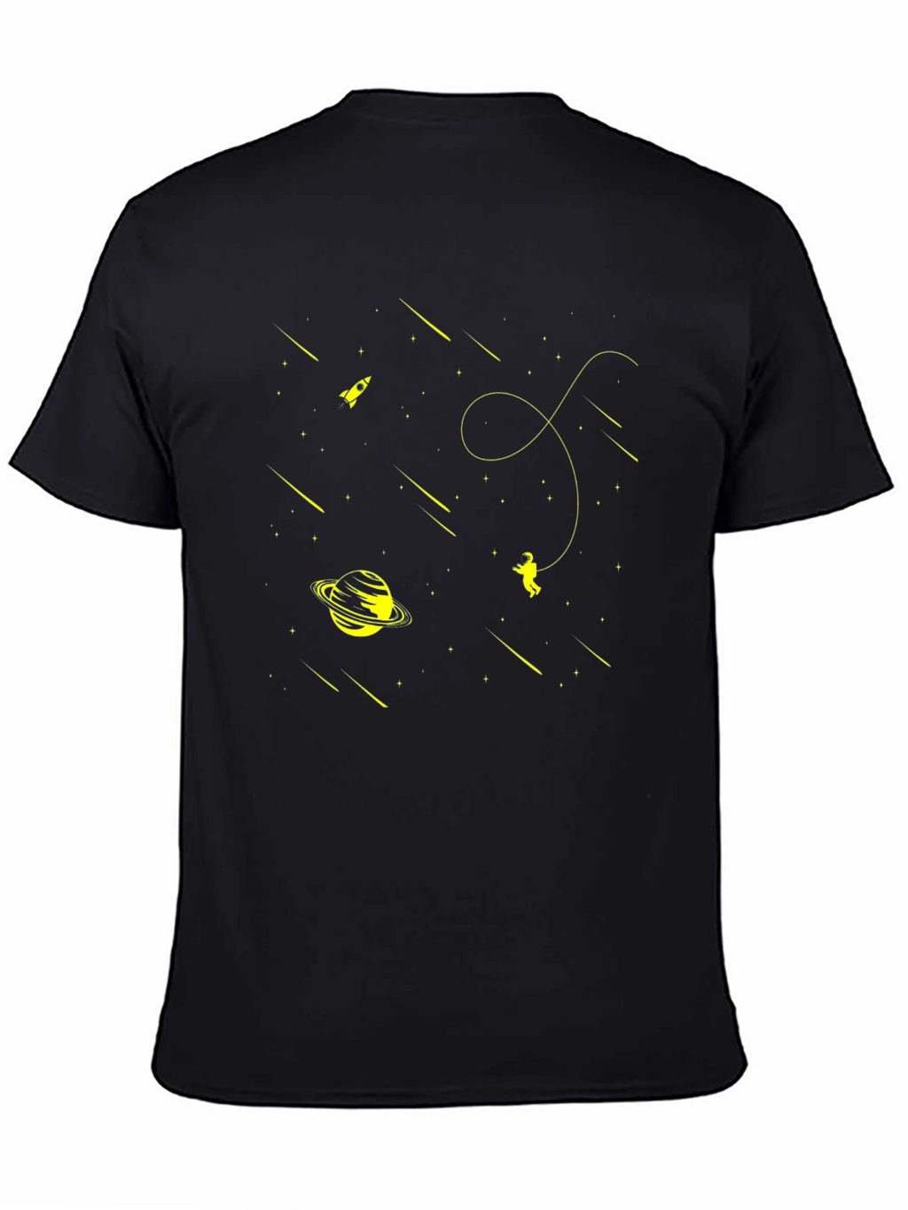 Space Explorer Black T-Shirt: Rocket Planet Astronaut Design