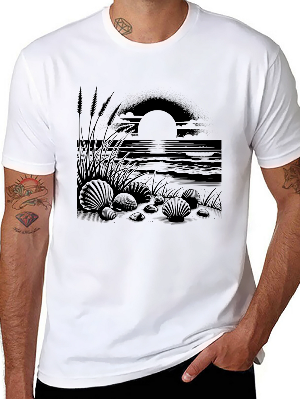 Beach Sunset Graphic Tee - Black Cotton Shirt