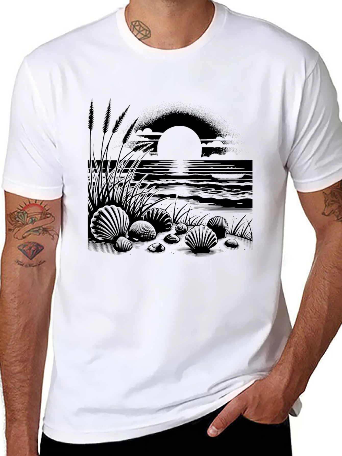 Beach Sunset Graphic Tee - Black Cotton Shirt