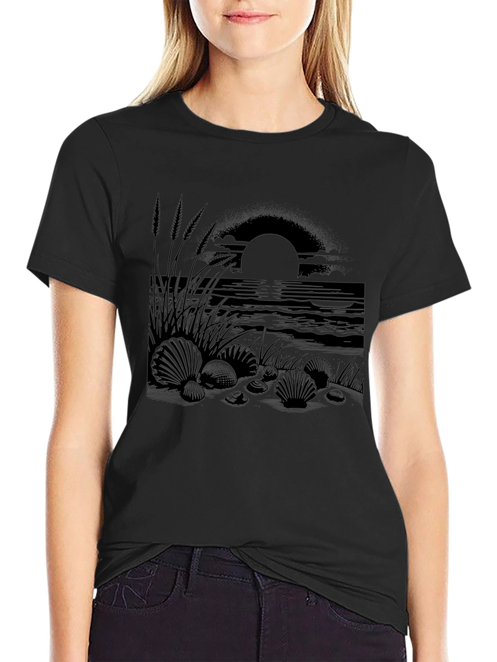 Beach Sunset Graphic Tee - Black Cotton Shirt