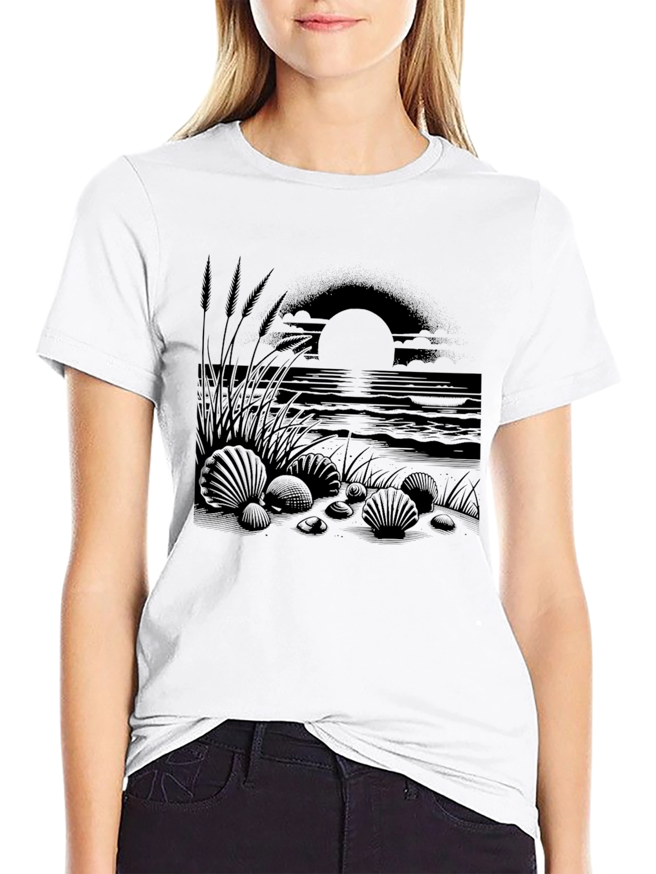 Beach Sunset Graphic Tee - Black Cotton Shirt