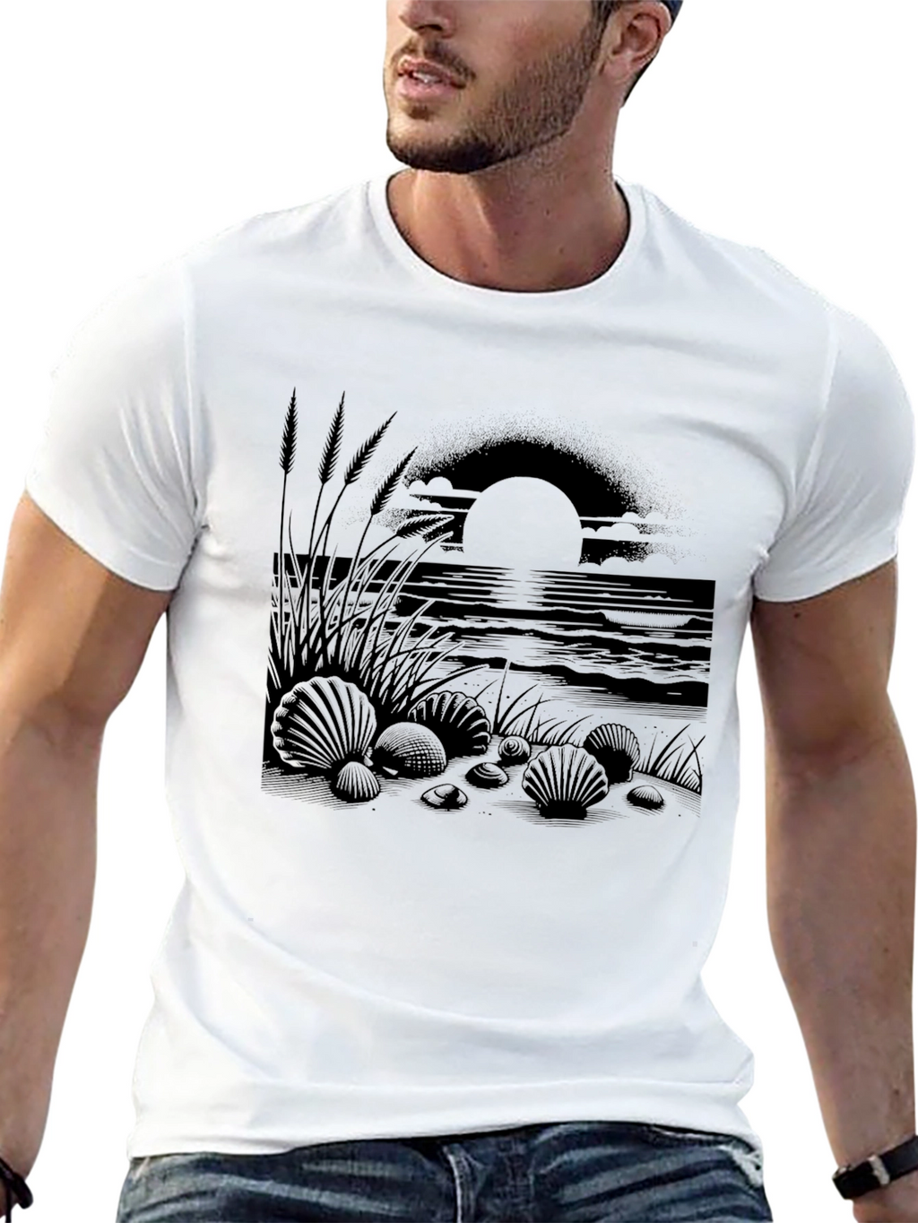 Beach Sunset Graphic Tee - Black Cotton Shirt