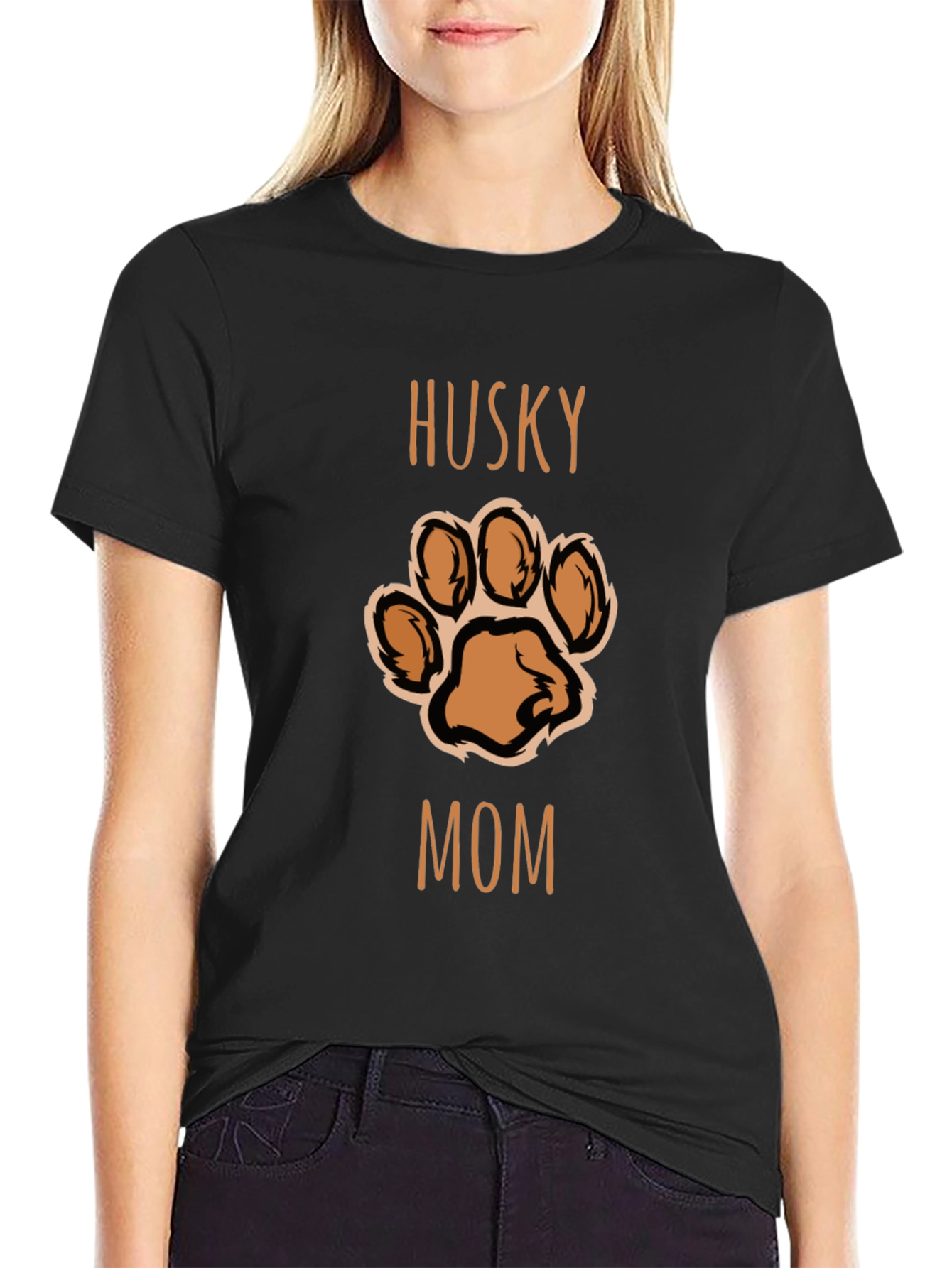 Husky Mom Paw Print T-Shirt - Black