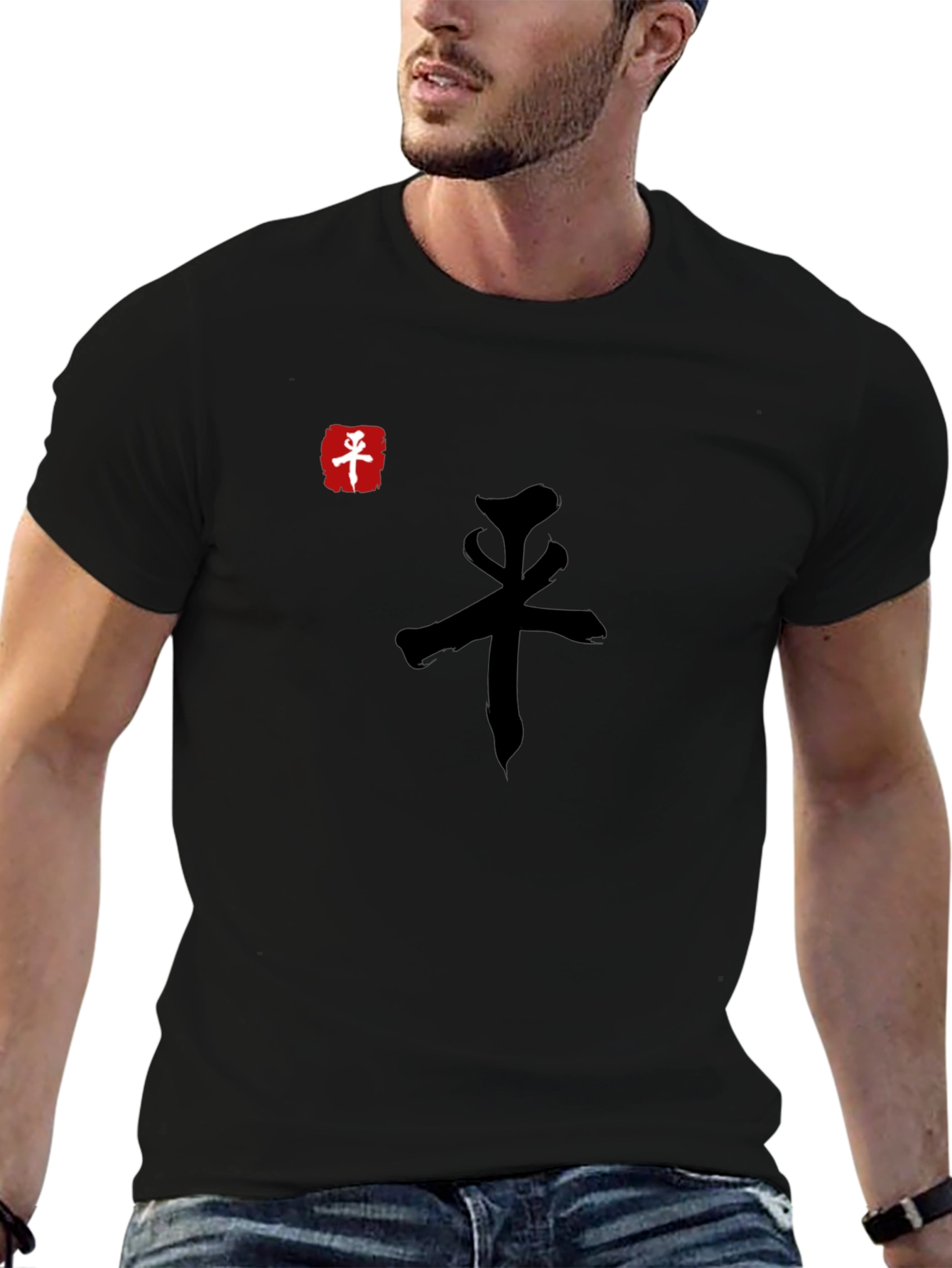 Black T-Shirt with Asian-Inspired Graphic Design