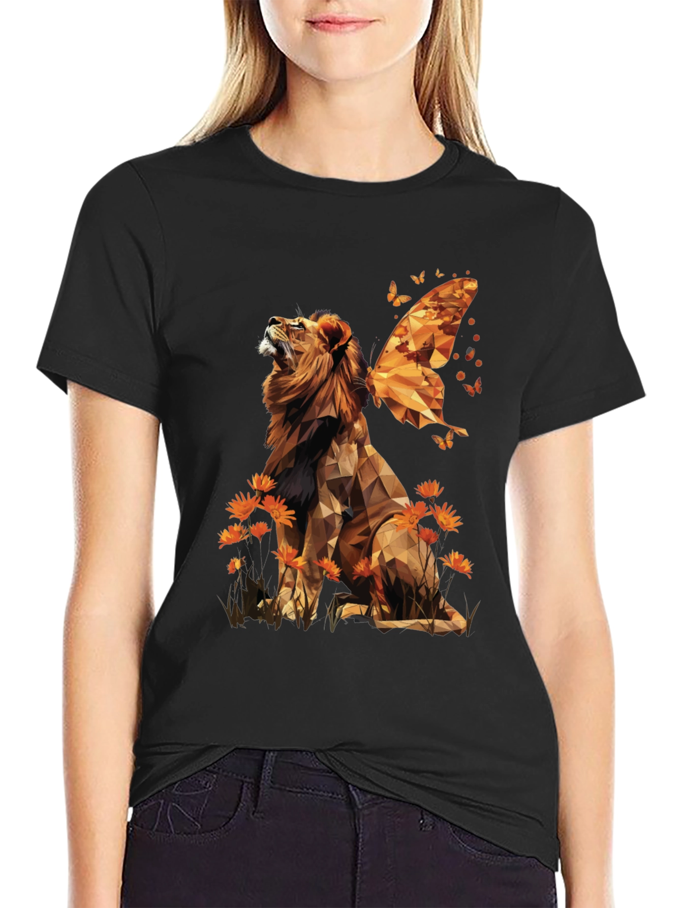 Geometric Lion Butterfly Wings Graphic Tee