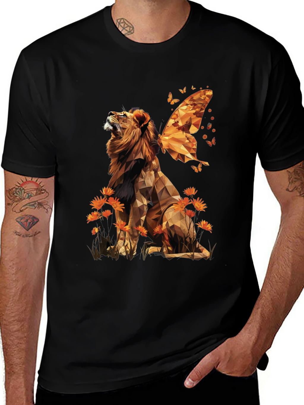 Geometric Lion Butterfly Wings Graphic Tee