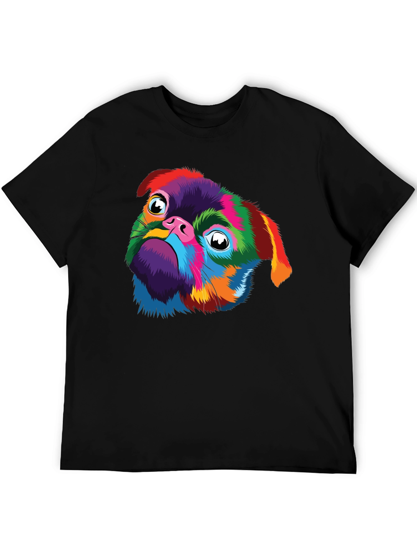 Colorful Pug Dog Graphic Black T-Shirt