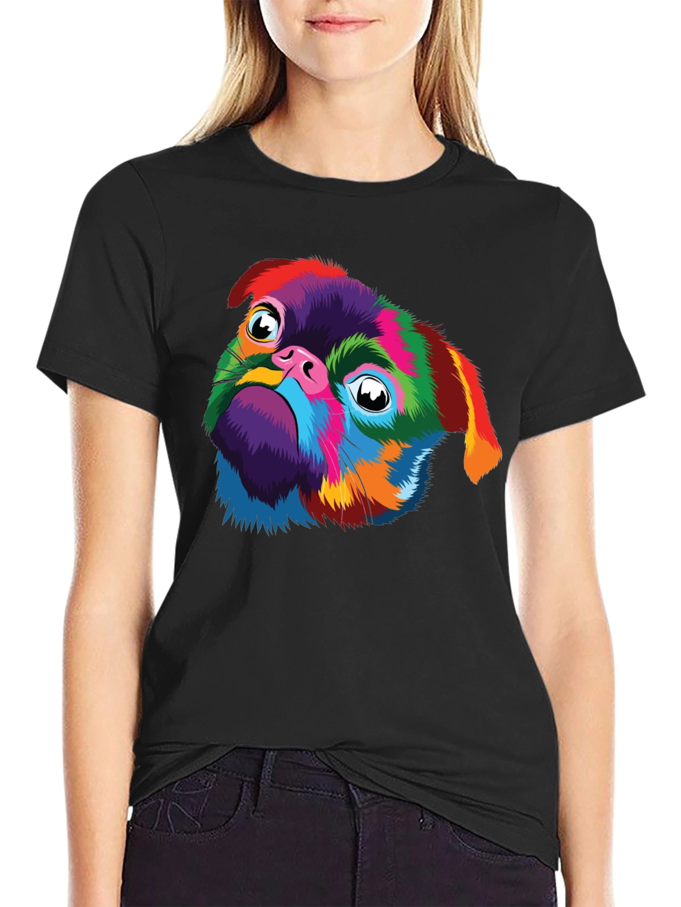 Colorful Pug Dog Graphic Black T-Shirt