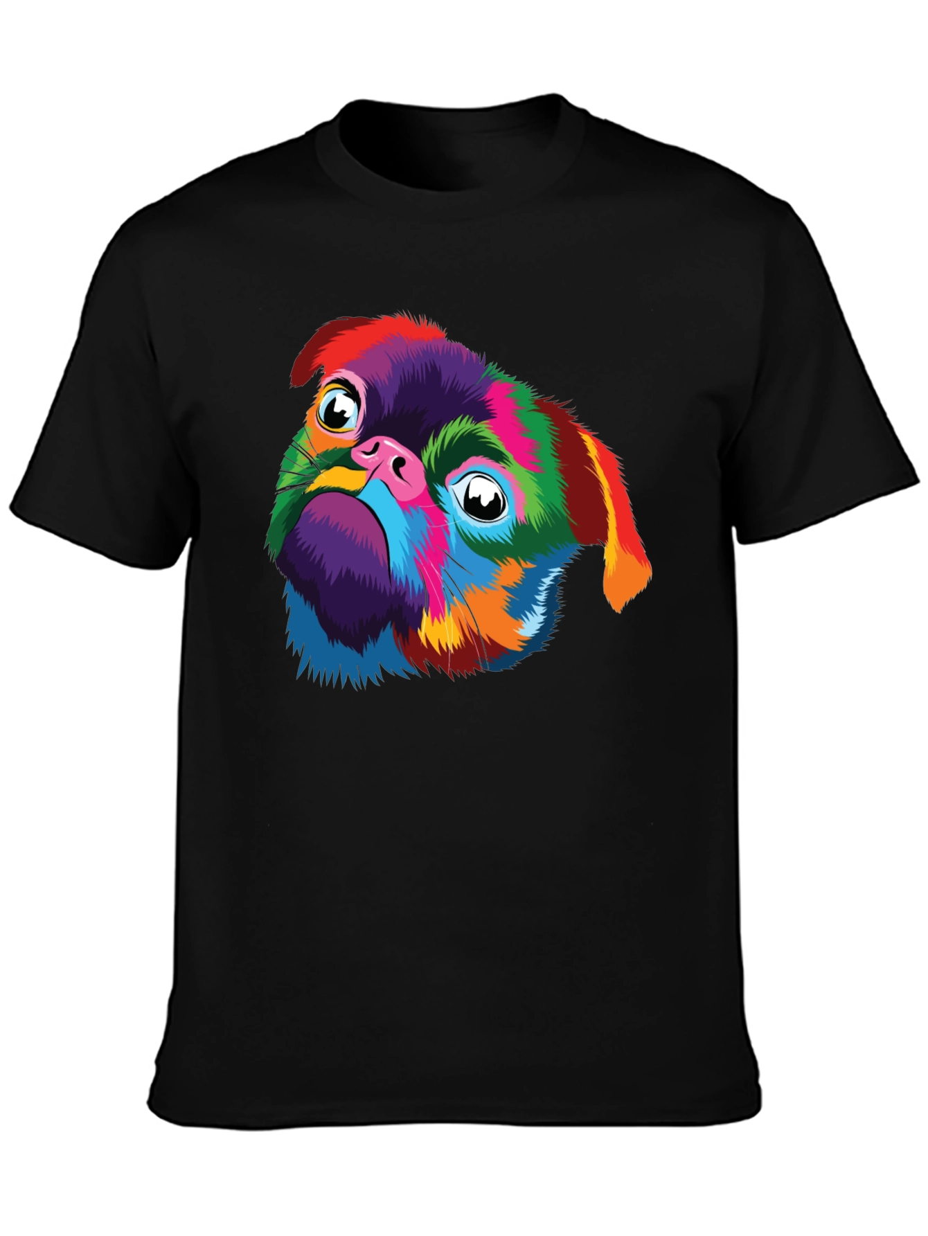 Colorful Pug Dog Graphic Black T-Shirt