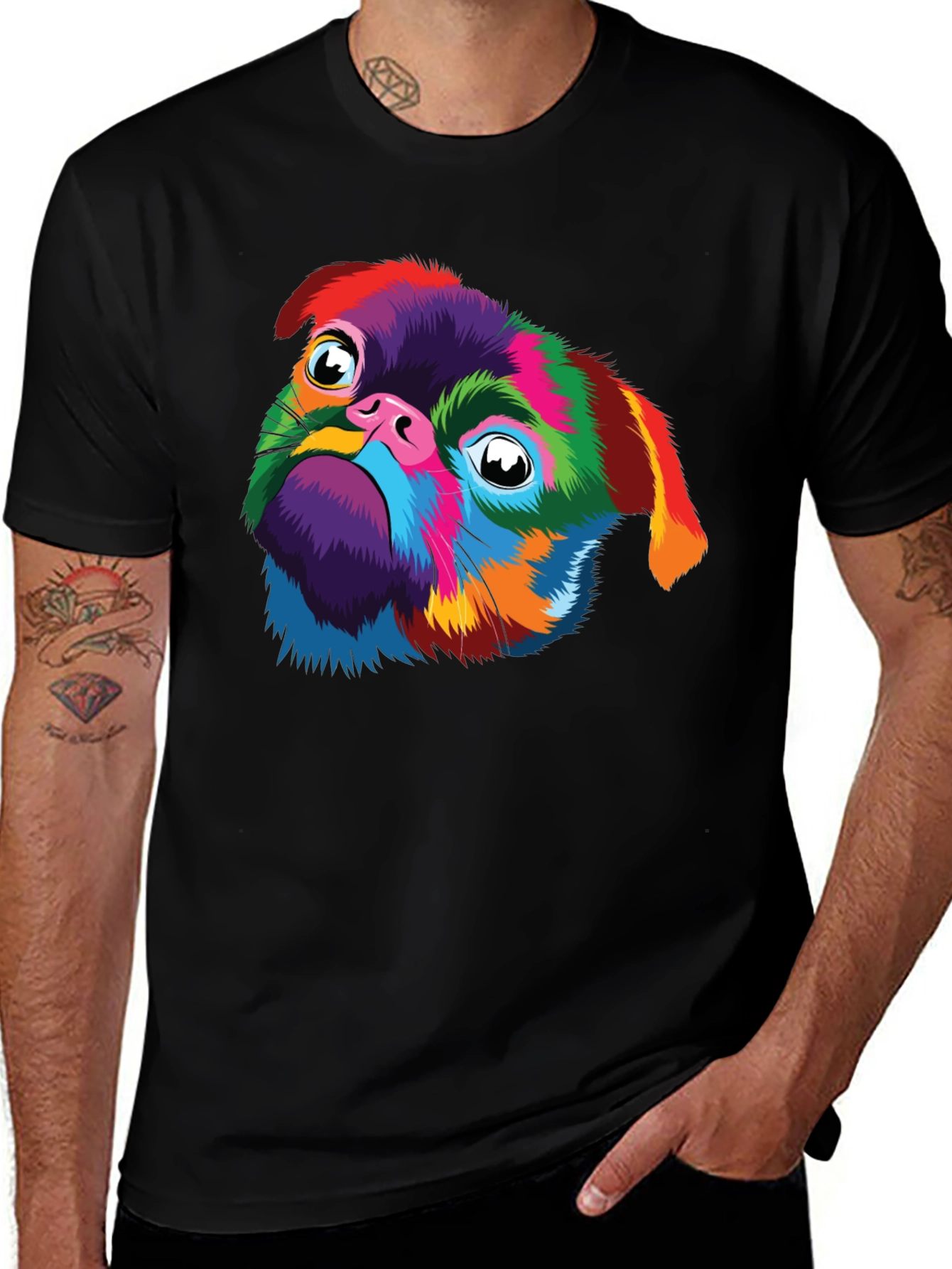 Colorful Pug Dog Graphic Black T-Shirt