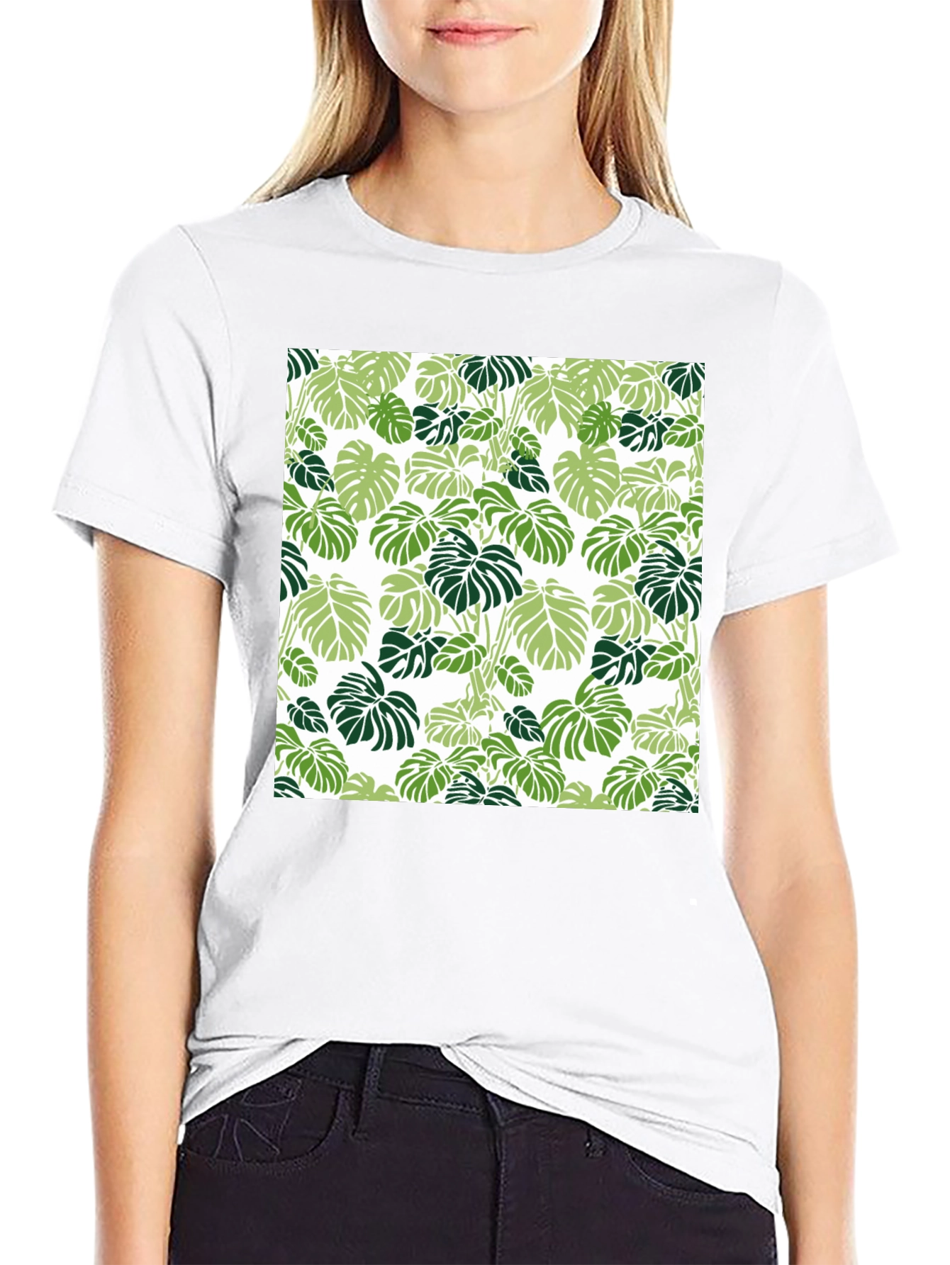 Trendy Tropical Leaf Pattern Black T-Shirt