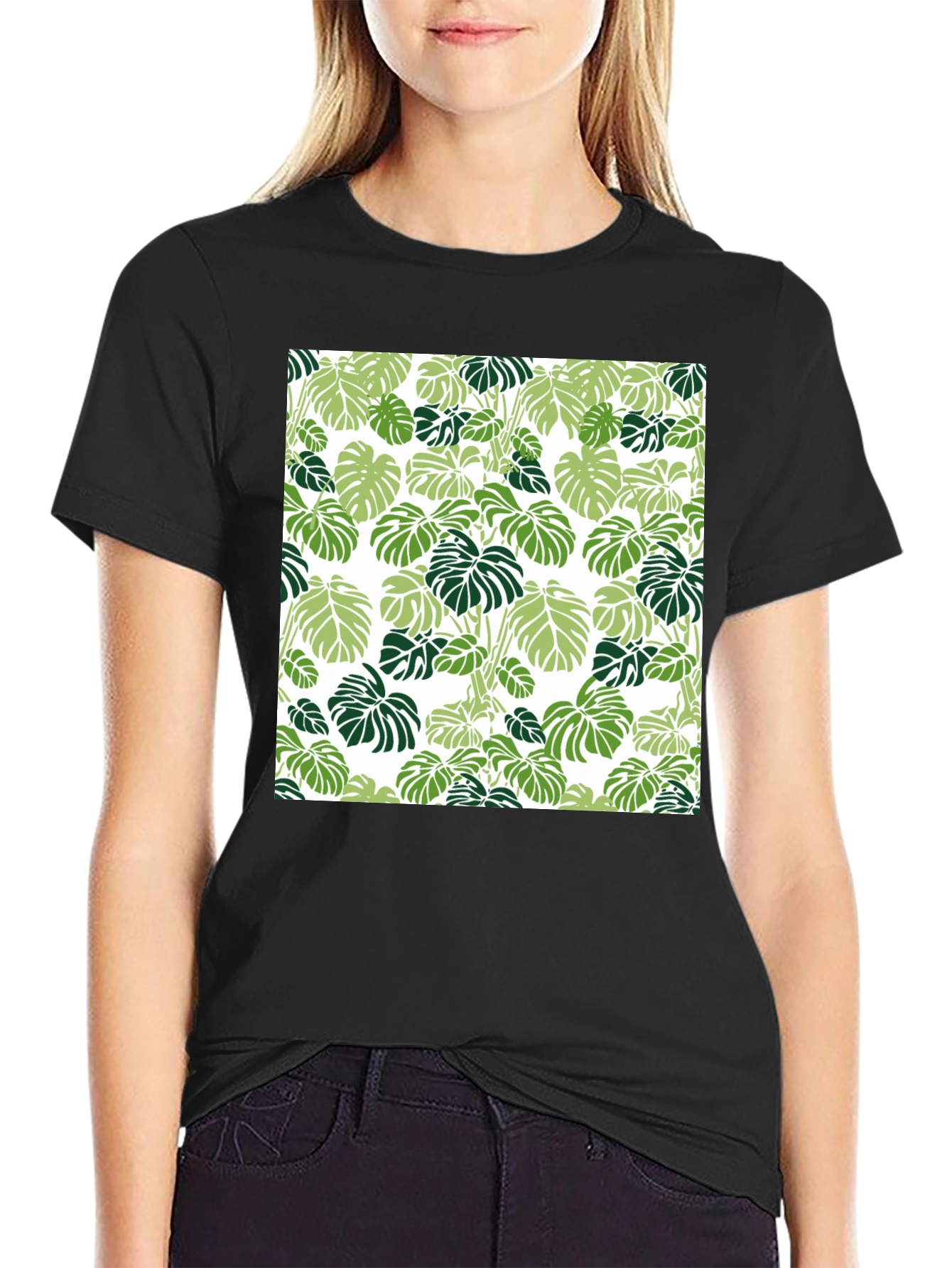 Trendy Tropical Leaf Pattern Black T-Shirt