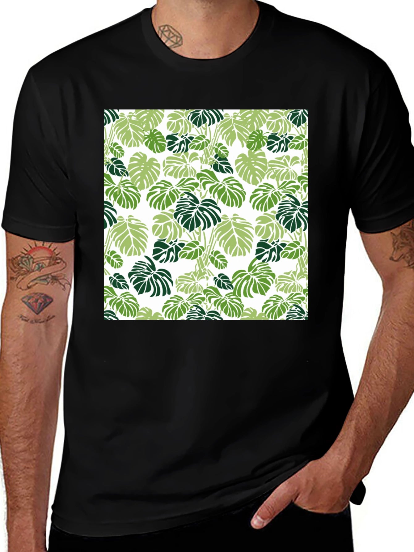 Trendy Tropical Leaf Pattern Black T-Shirt