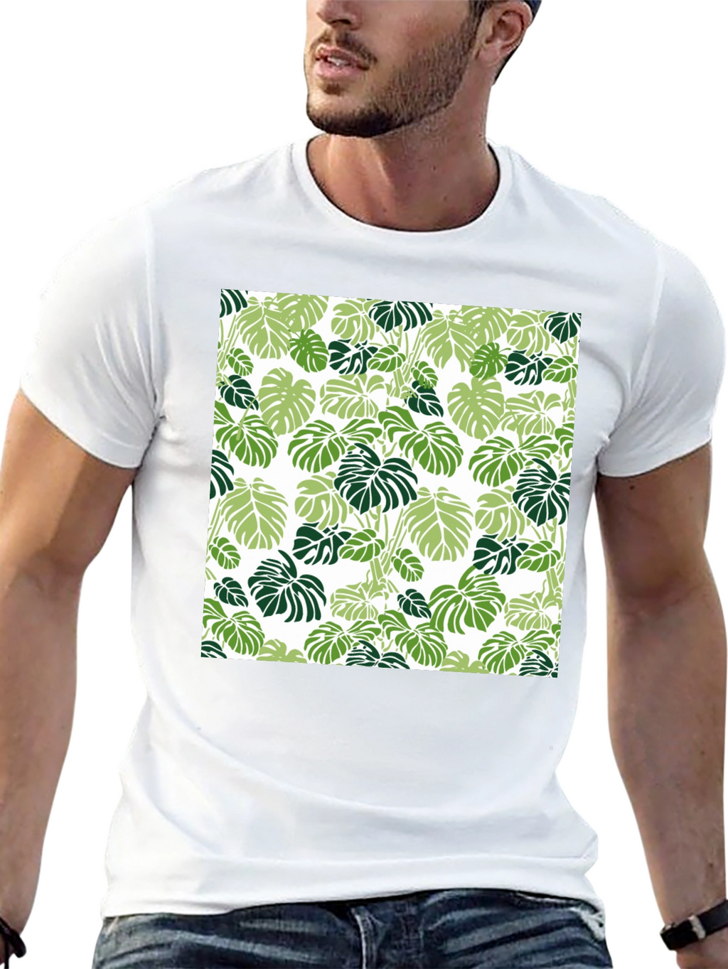 Trendy Tropical Leaf Pattern Black T-Shirt