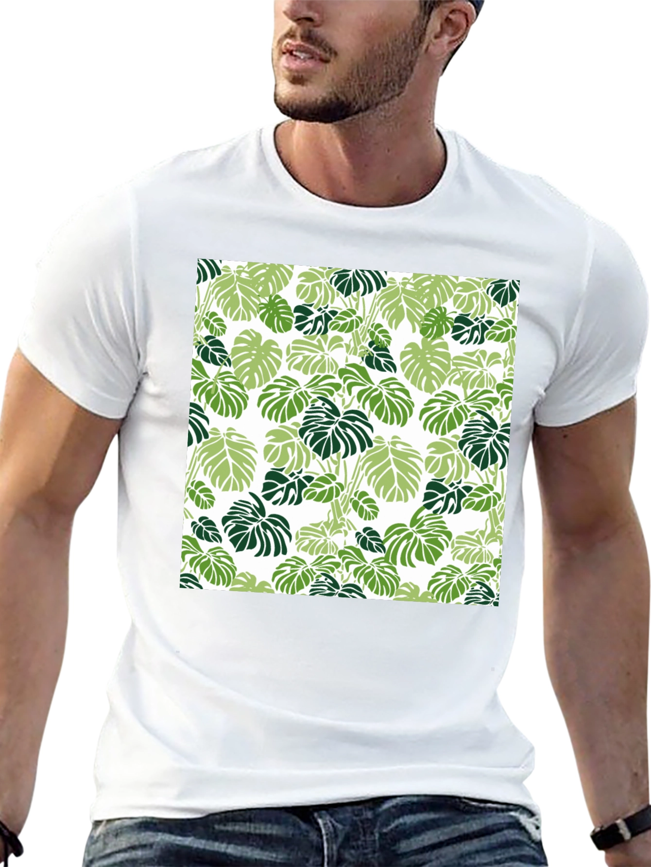 Trendy Tropical Leaf Pattern Black T-Shirt