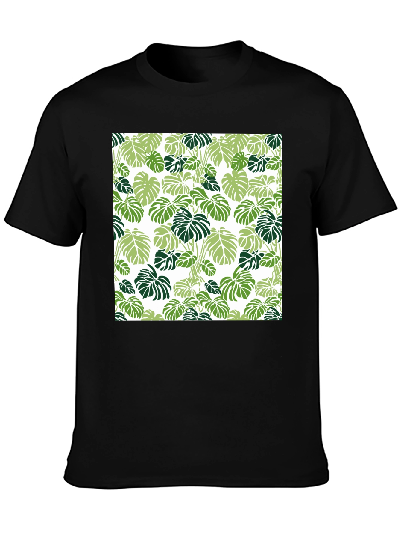 Trendy Tropical Leaf Pattern Black T-Shirt