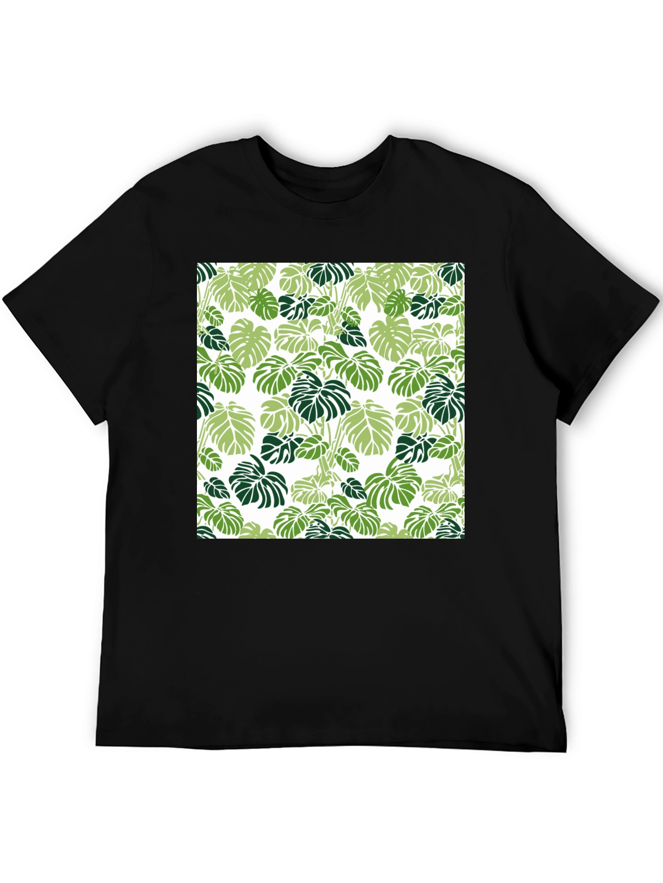 Trendy Tropical Leaf Pattern Black T-Shirt