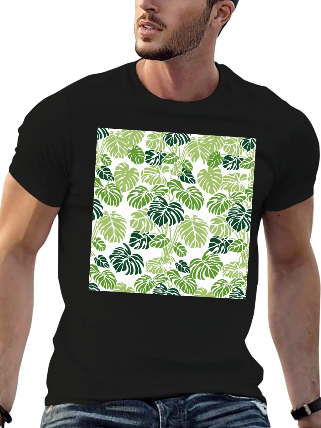 Trendy Tropical Leaf Pattern Black T-Shirt
