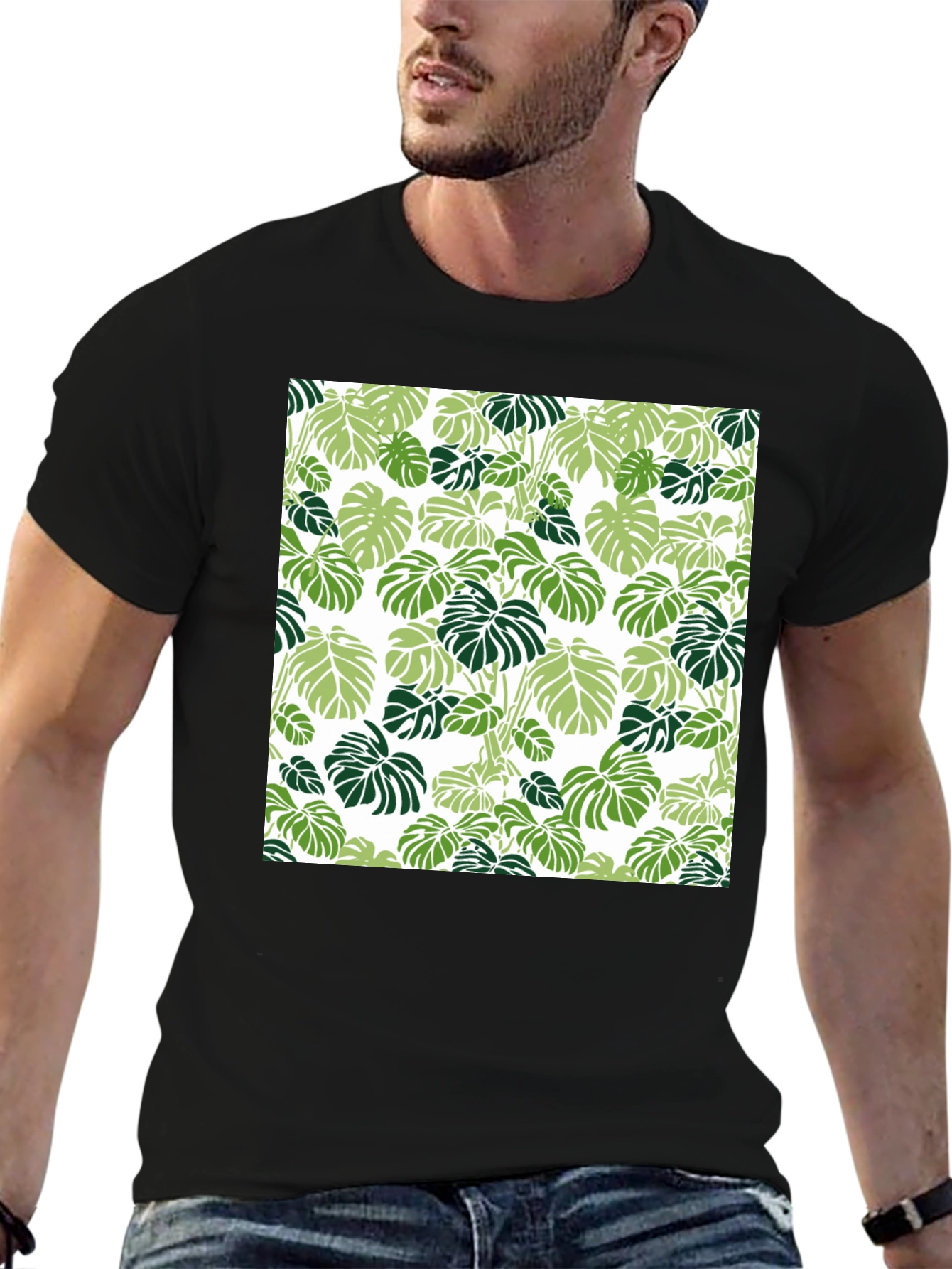 Trendy Tropical Leaf Pattern Black T-Shirt