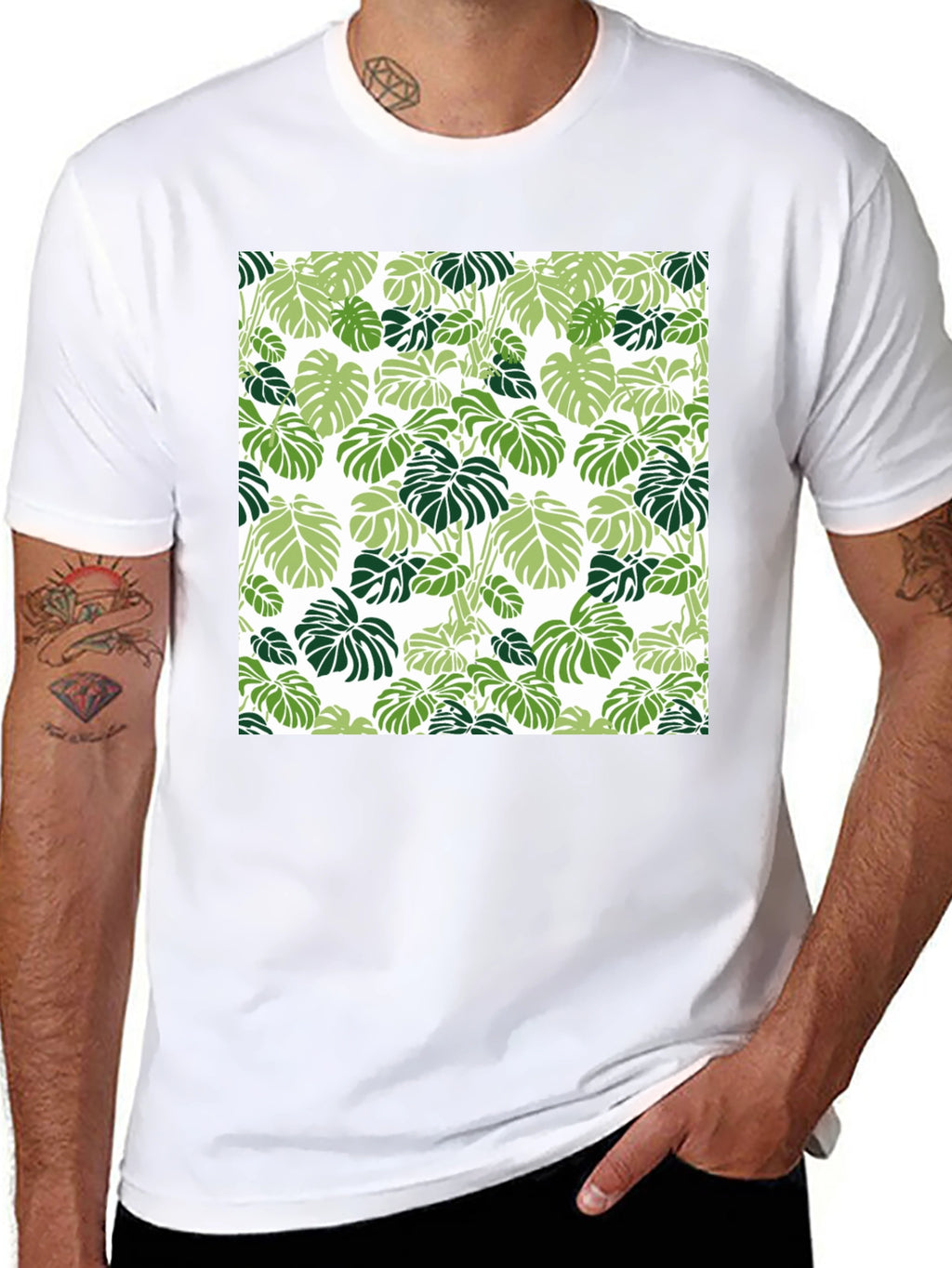 Trendy Tropical Leaf Pattern Black T-Shirt
