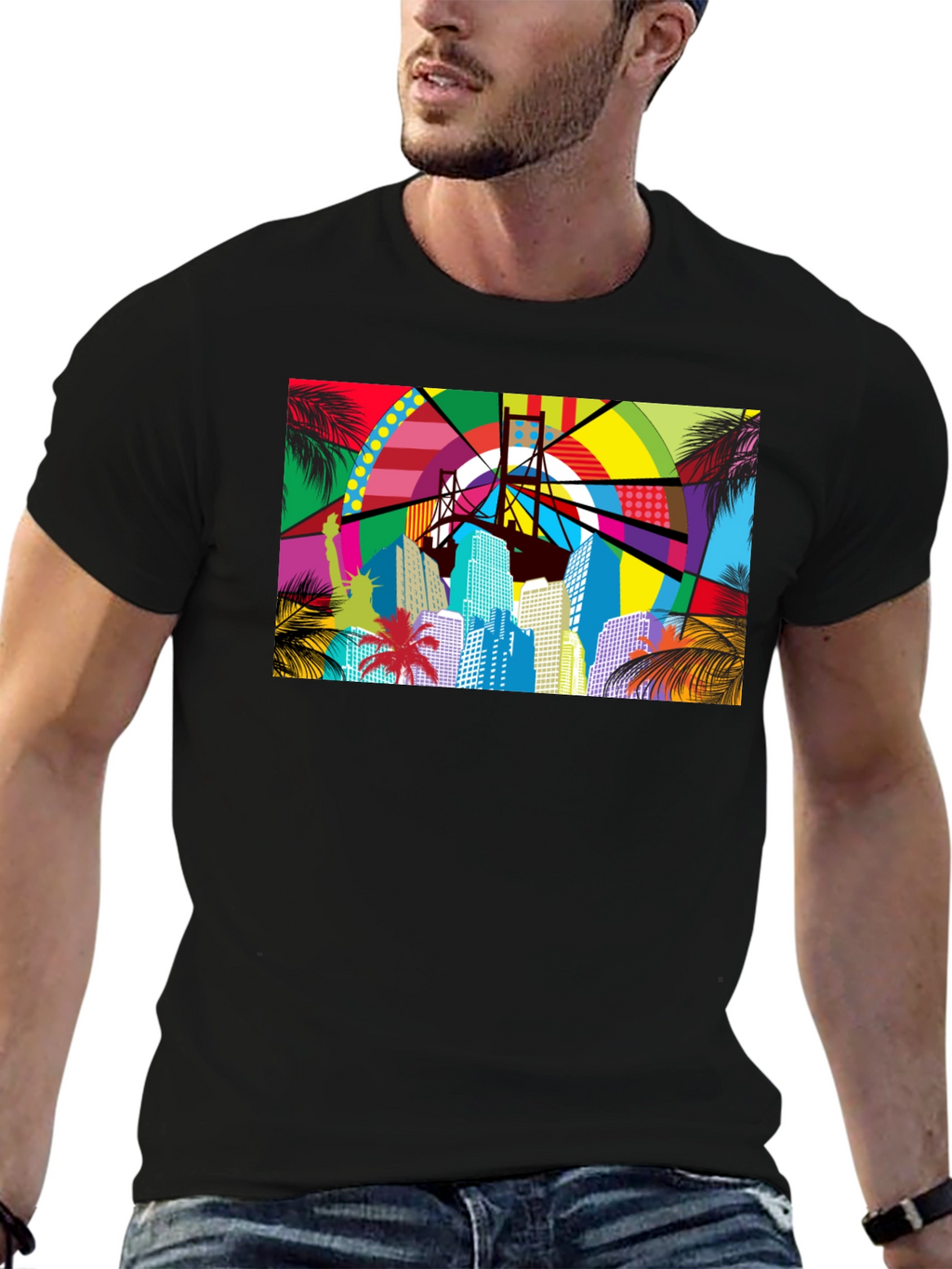 Vibrant Cityscape Graphic Print Black T-Shirt
