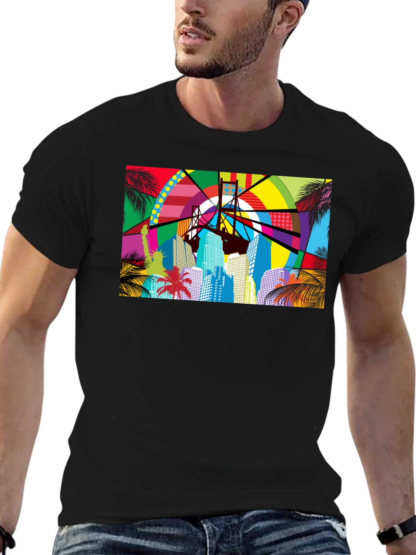 Vibrant Cityscape Graphic Print Black T-Shirt