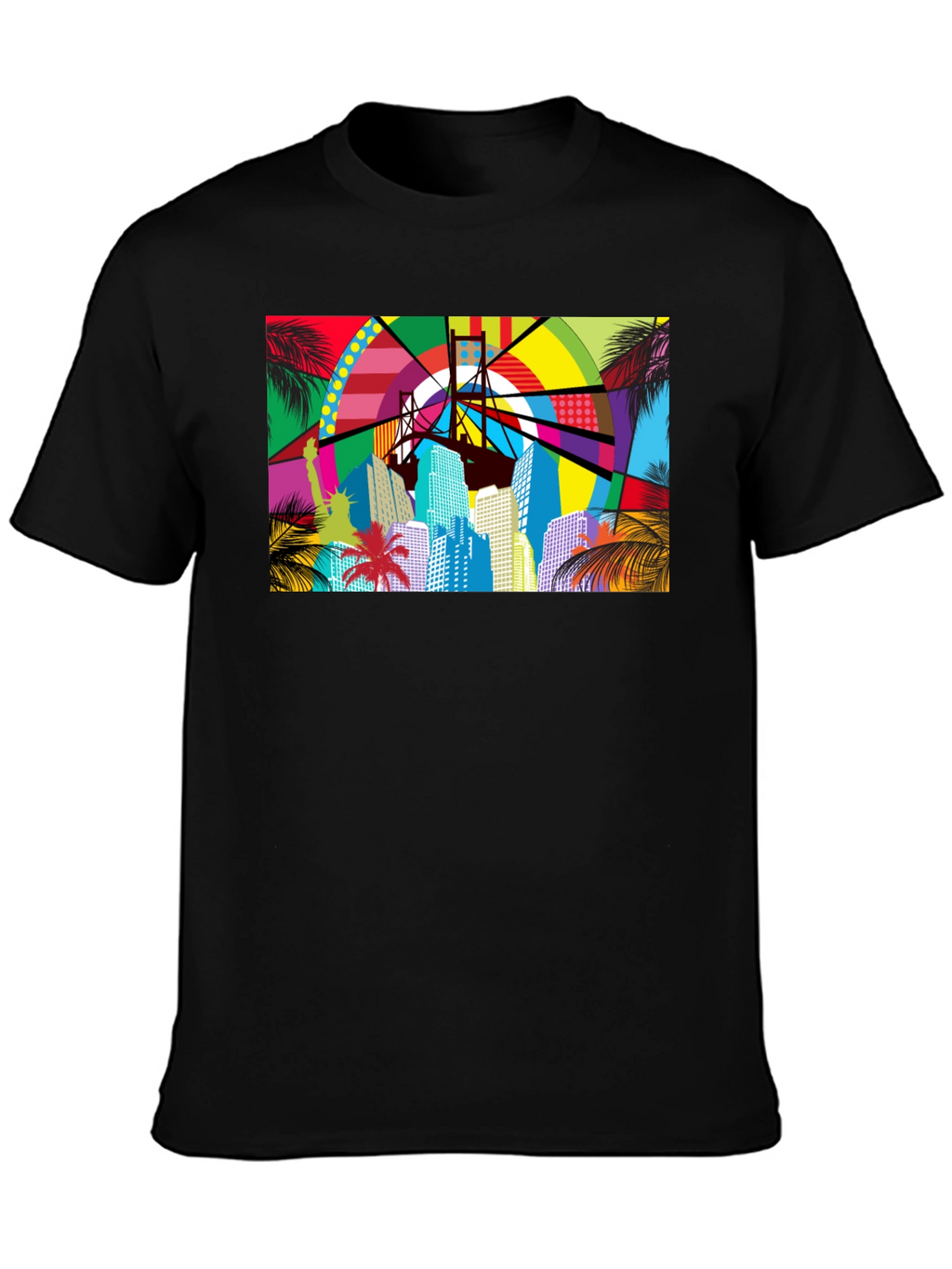 Vibrant Cityscape Graphic Print Black T-Shirt