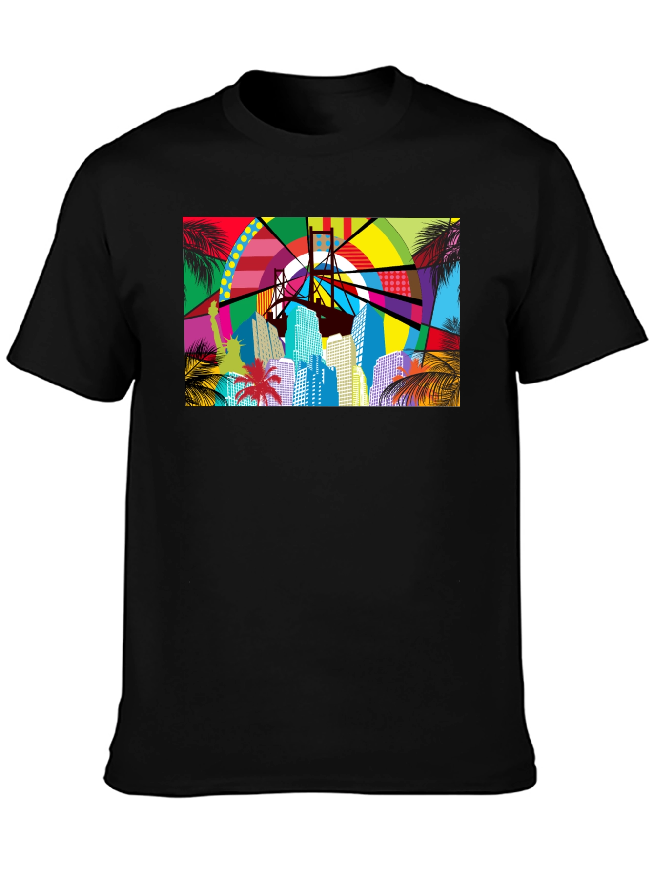 Vibrant Cityscape Graphic Print Black T-Shirt