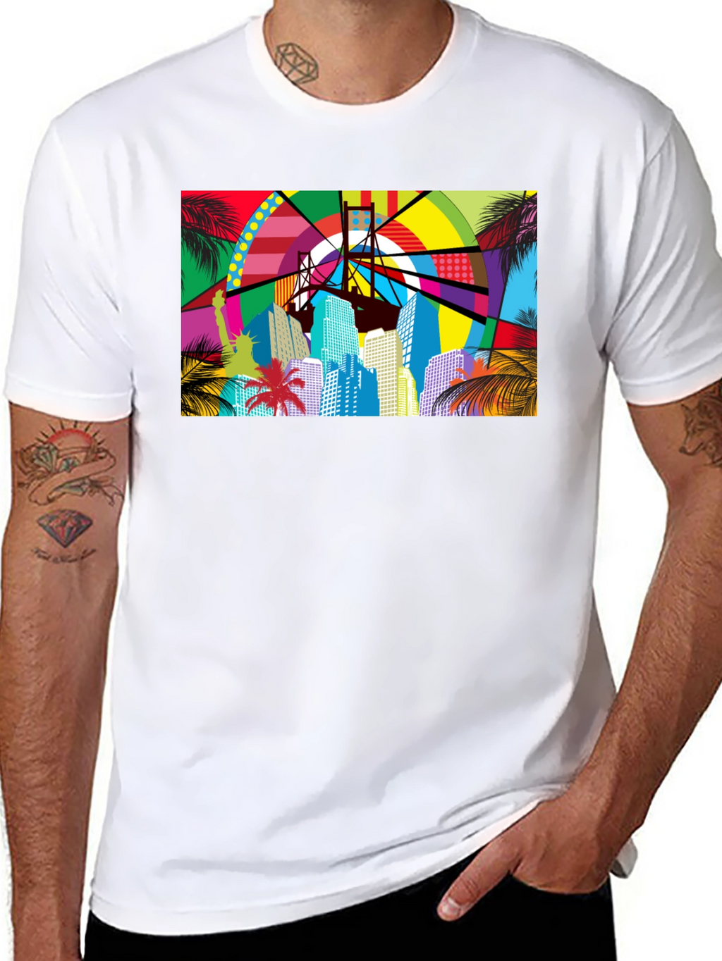 Vibrant Cityscape Graphic Print Black T-Shirt