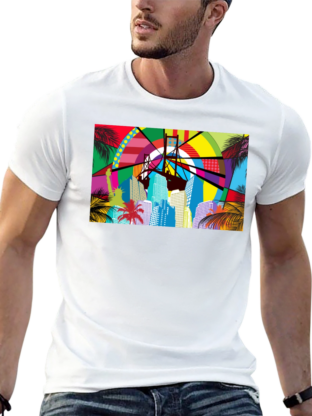 Vibrant Cityscape Graphic Print Black T-Shirt