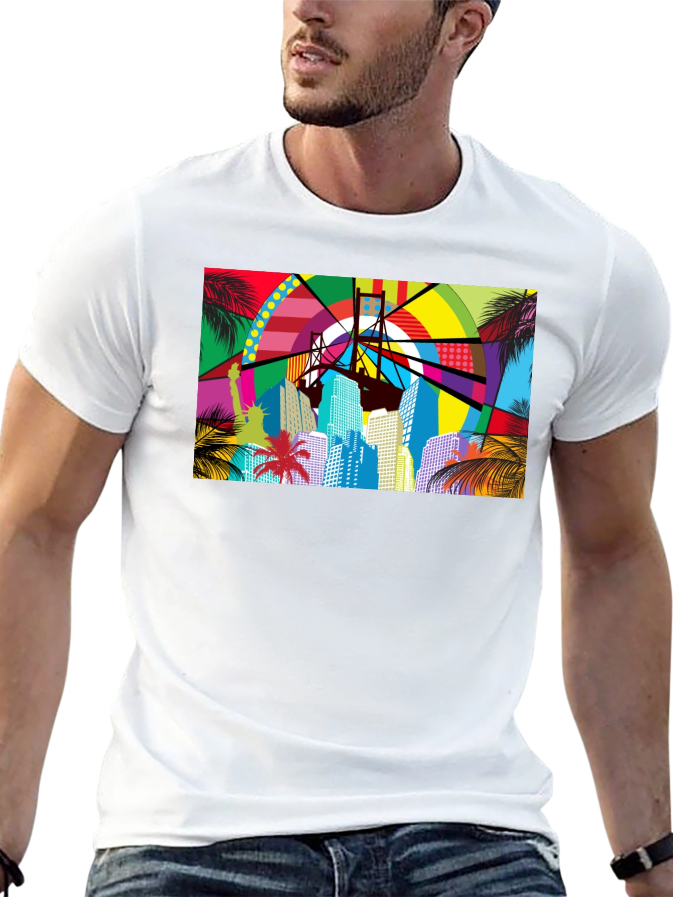 Vibrant Cityscape Graphic Print Black T-Shirt
