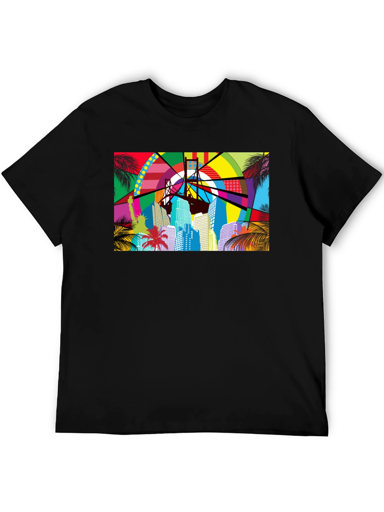 Vibrant Cityscape Graphic Print Black T-Shirt