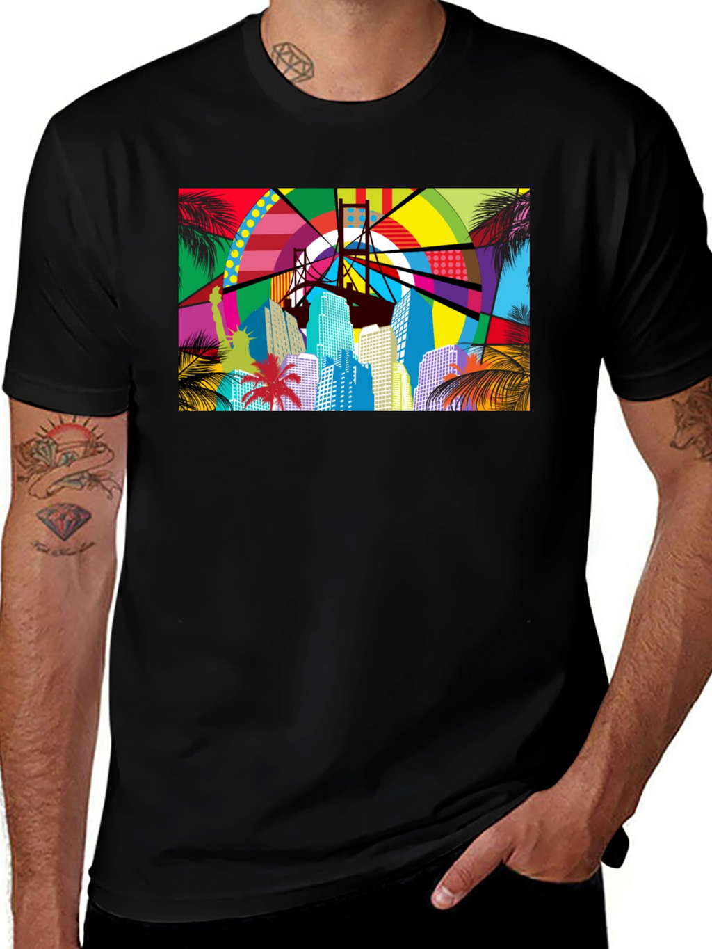Vibrant Cityscape Graphic Print Black T-Shirt