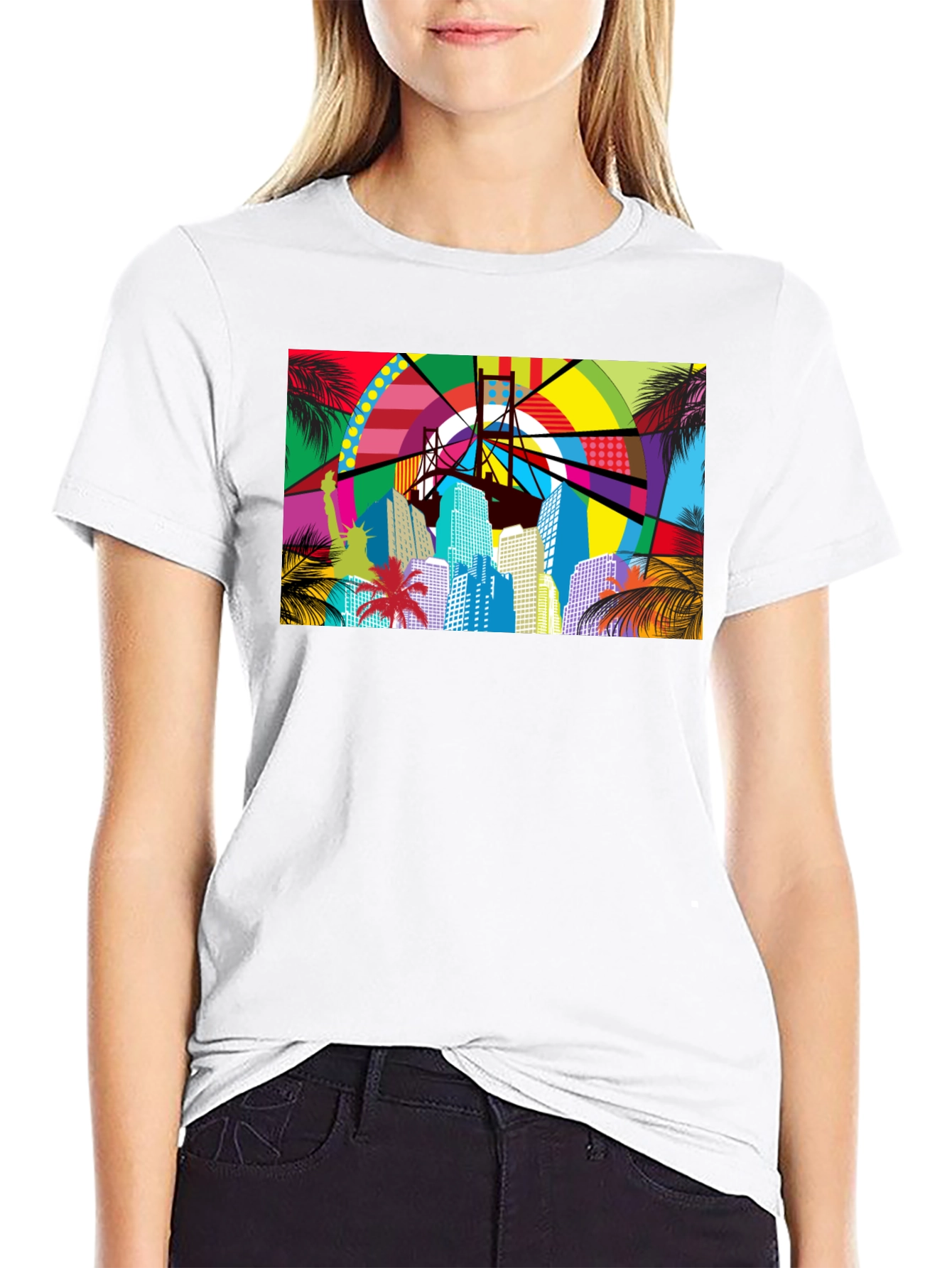 Vibrant Cityscape Graphic Print Black T-Shirt