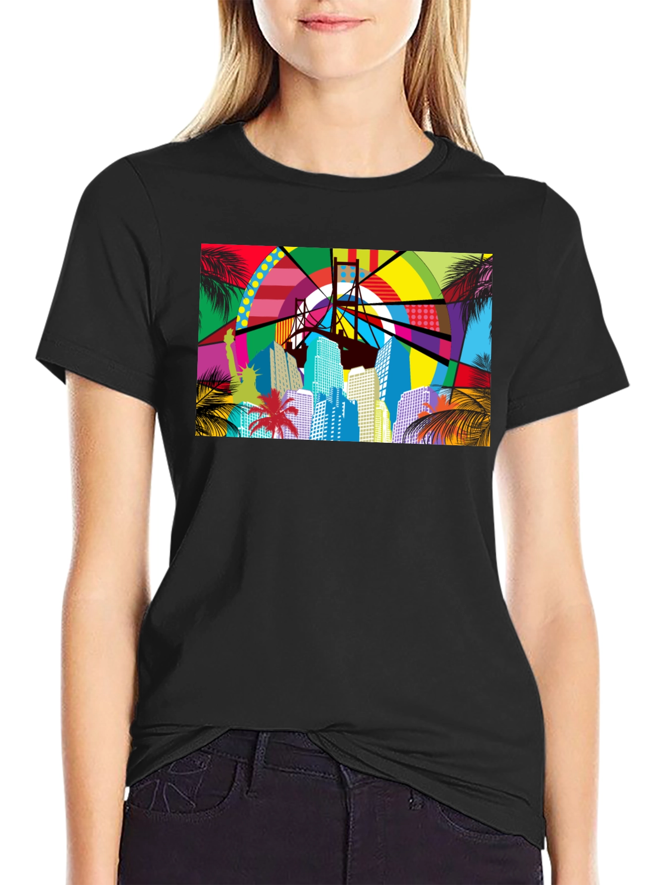 Vibrant Cityscape Graphic Print Black T-Shirt
