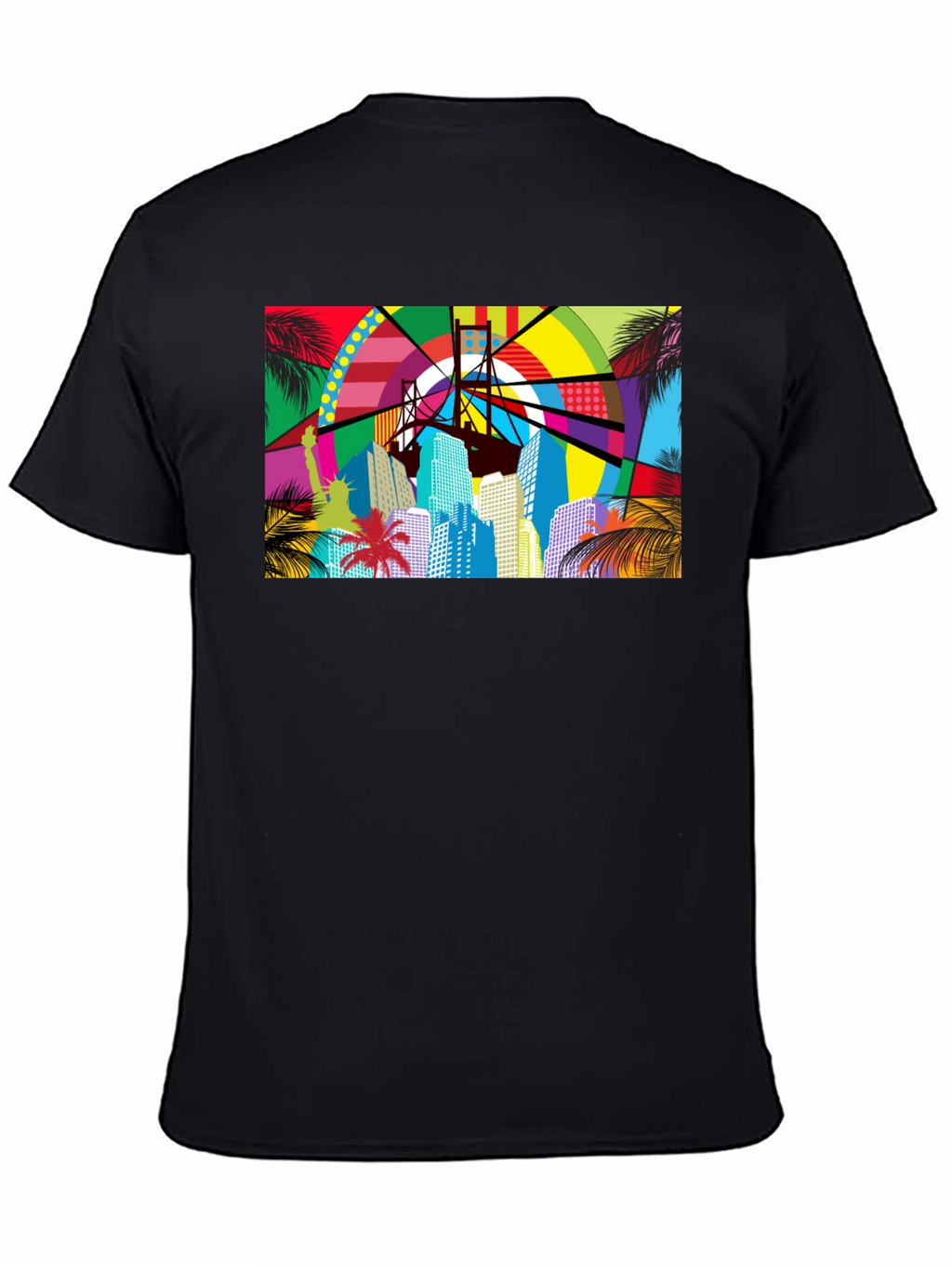 Vibrant Cityscape Graphic Print Black T-Shirt