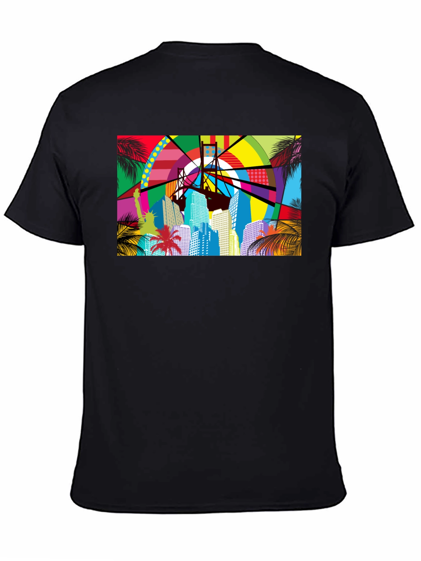 Vibrant Cityscape Graphic Print Black T-Shirt