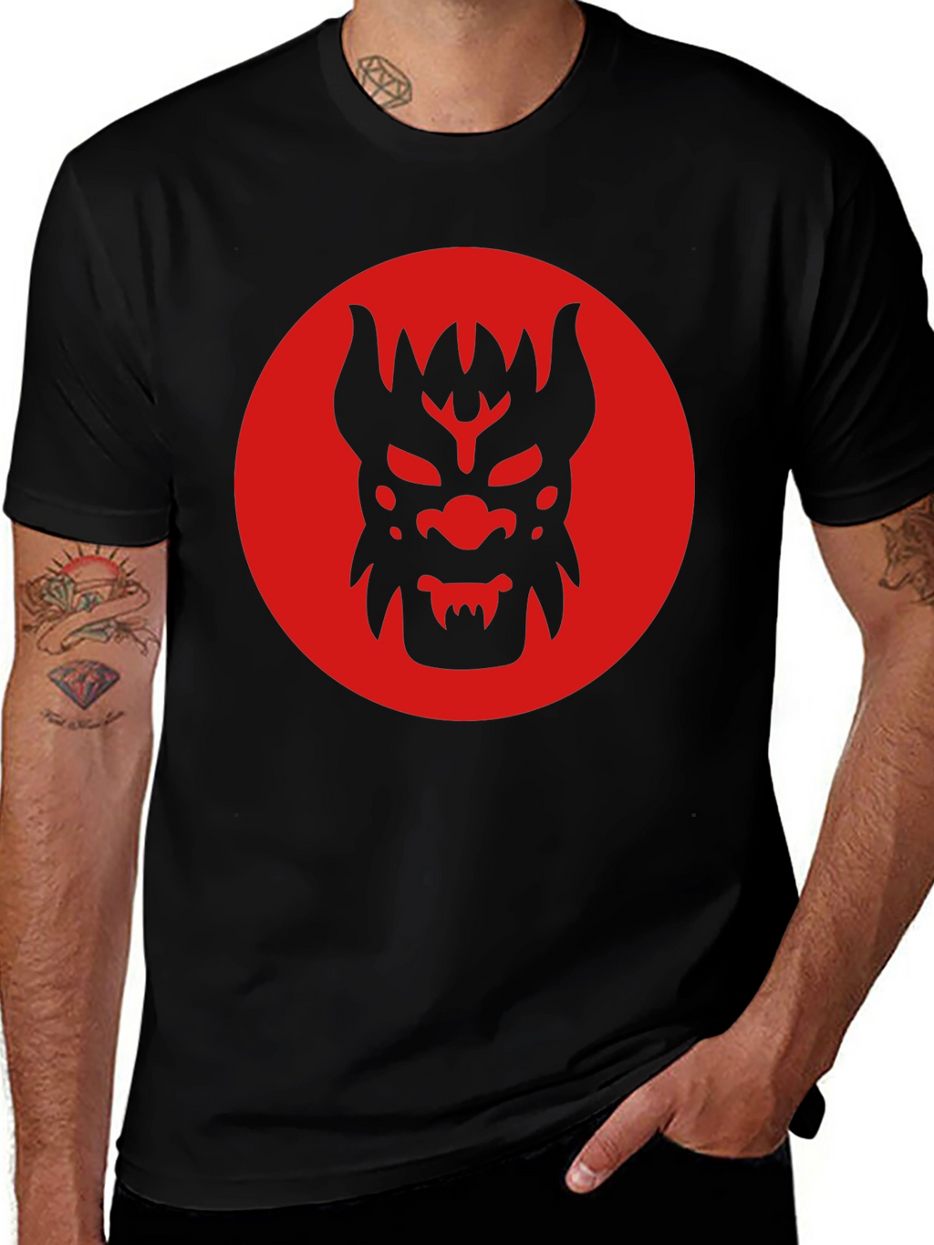 Black T-Shirt with Red Oni Mask Design
