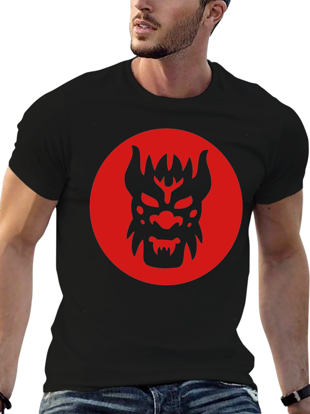 Black T-Shirt with Red Oni Mask Design