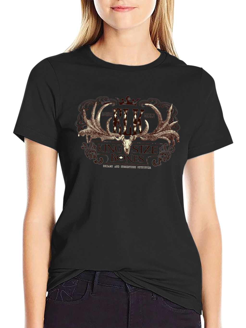 Elk Skull Graphic Print T-Shirt - Black