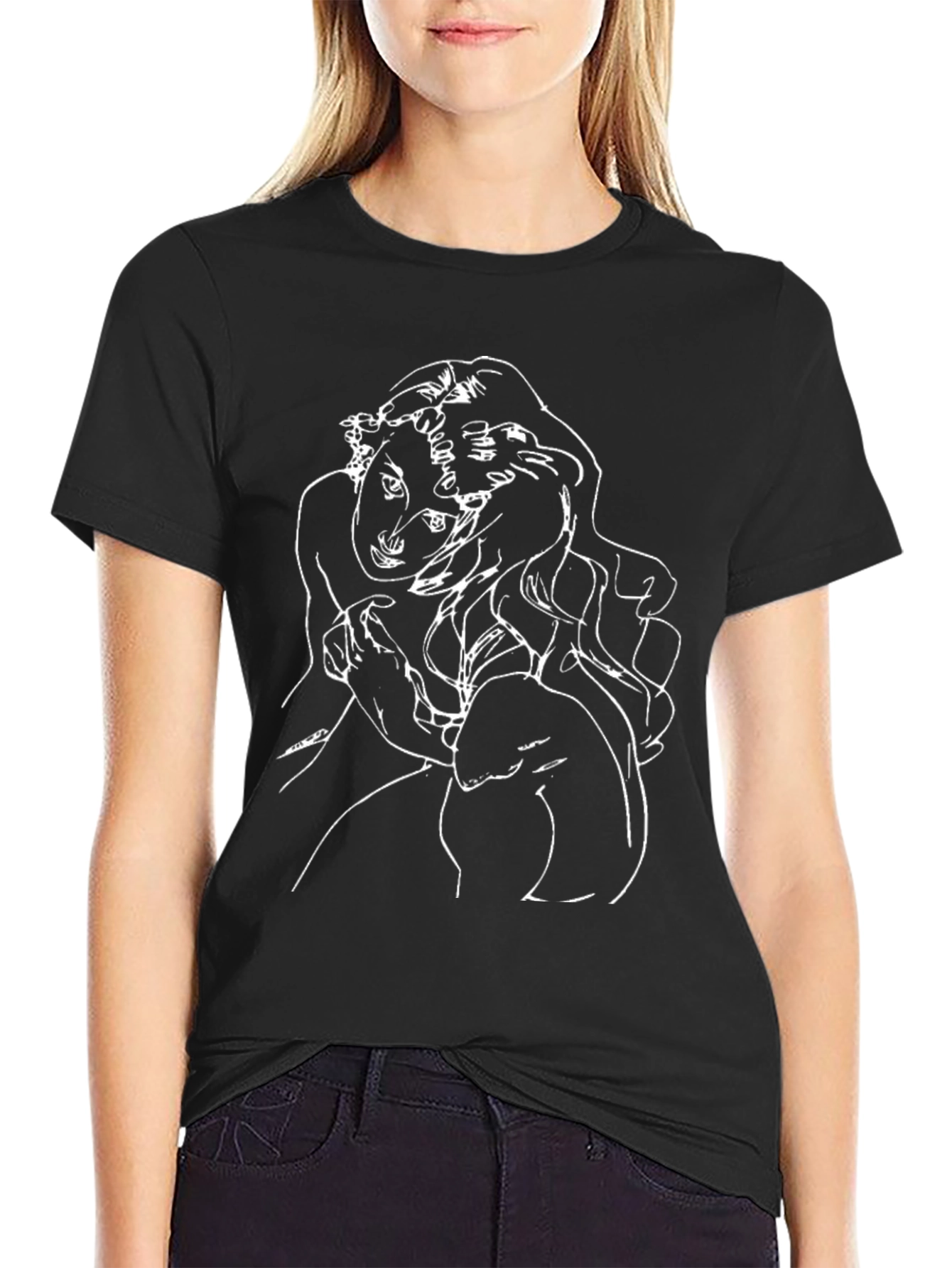 Abstract Line Art Graphic Tee - Black Cotton Blend