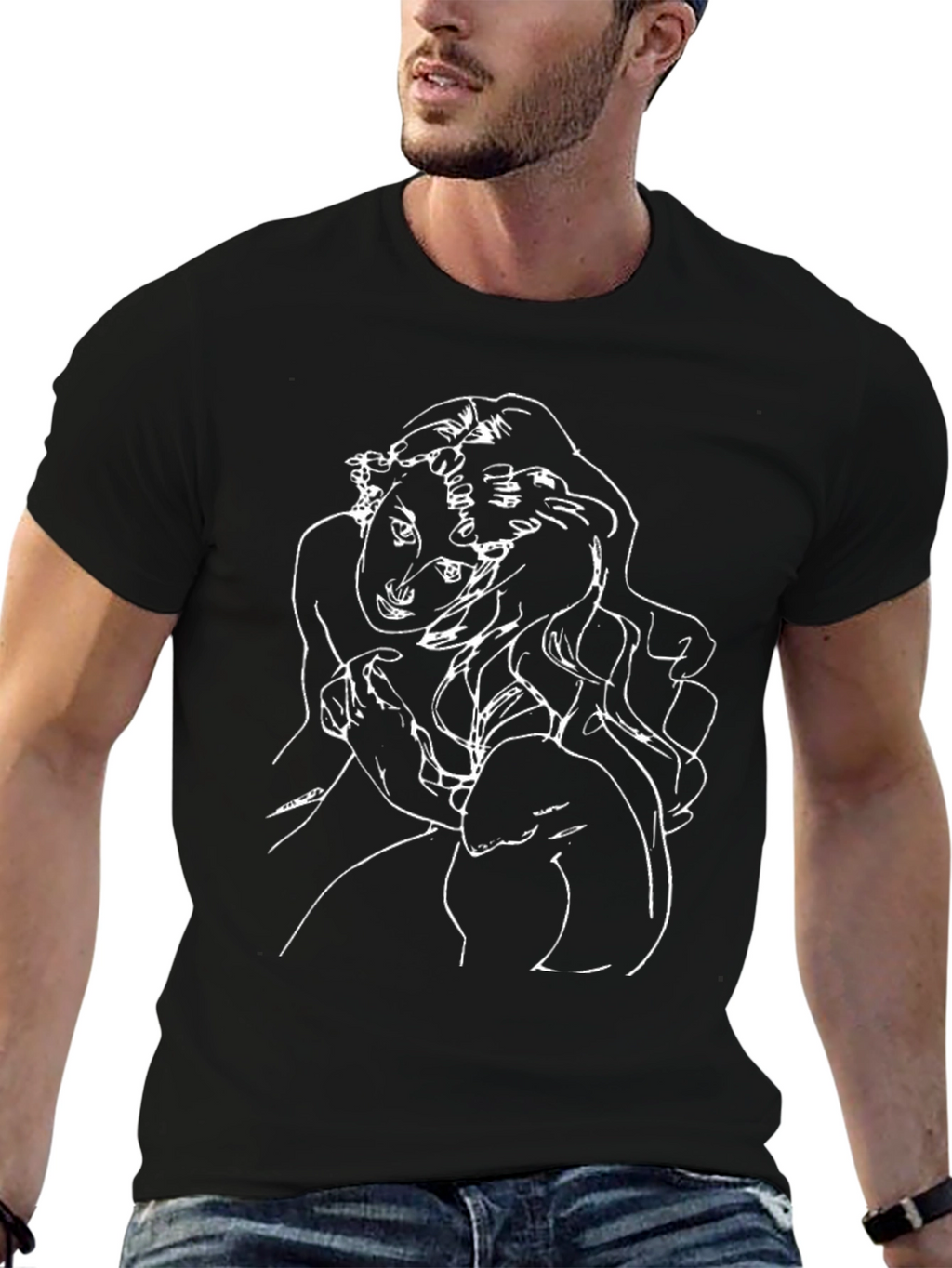 Abstract Line Art Graphic Tee - Black Cotton Blend