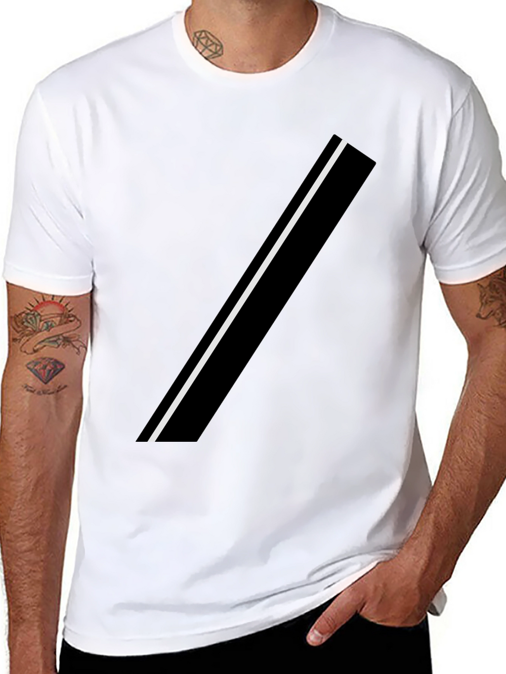 Modern Black Tee with Asymmetrical White Stripe