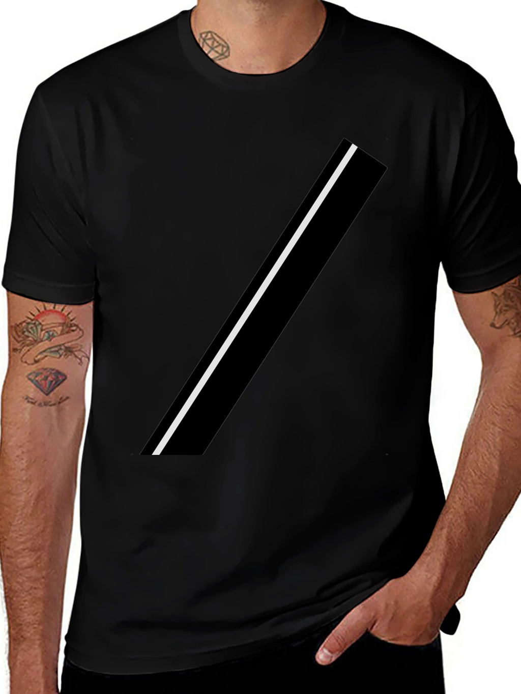 Modern Black Tee with Asymmetrical White Stripe