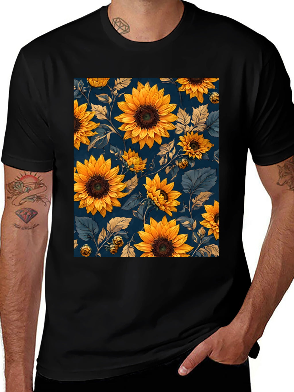 Sunflower Print Black T-Shirt