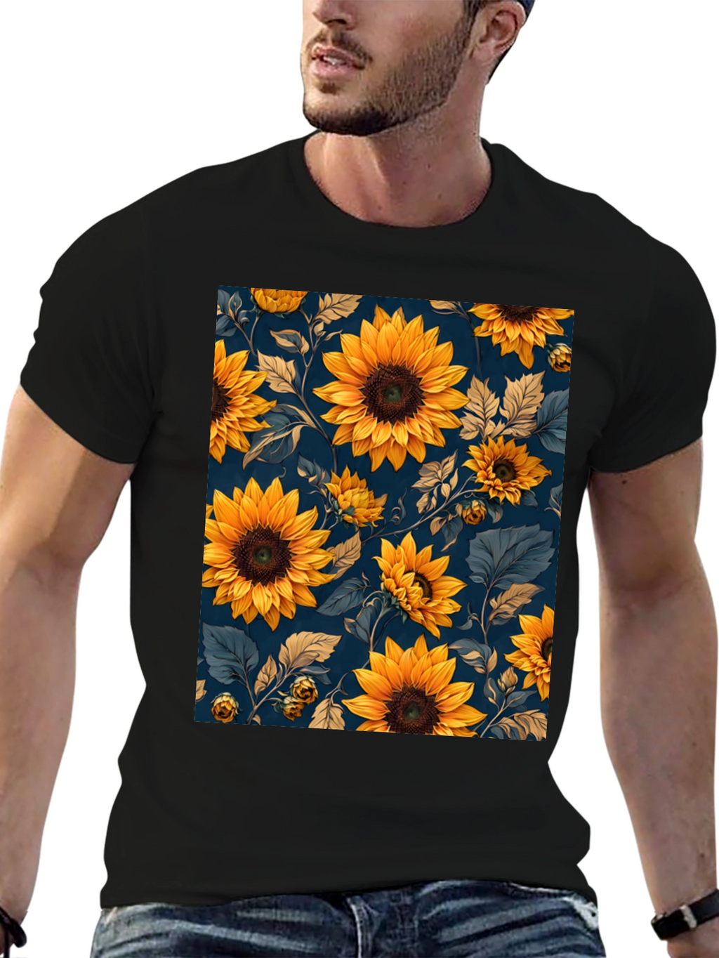 Sunflower Print Black T-Shirt