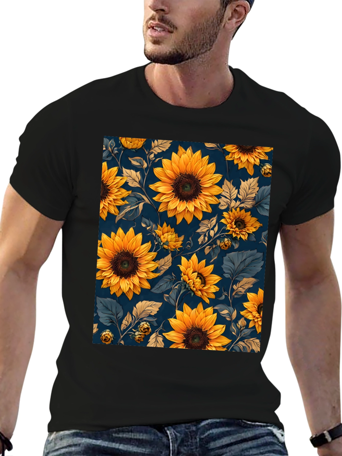 Sunflower Print Black T-Shirt