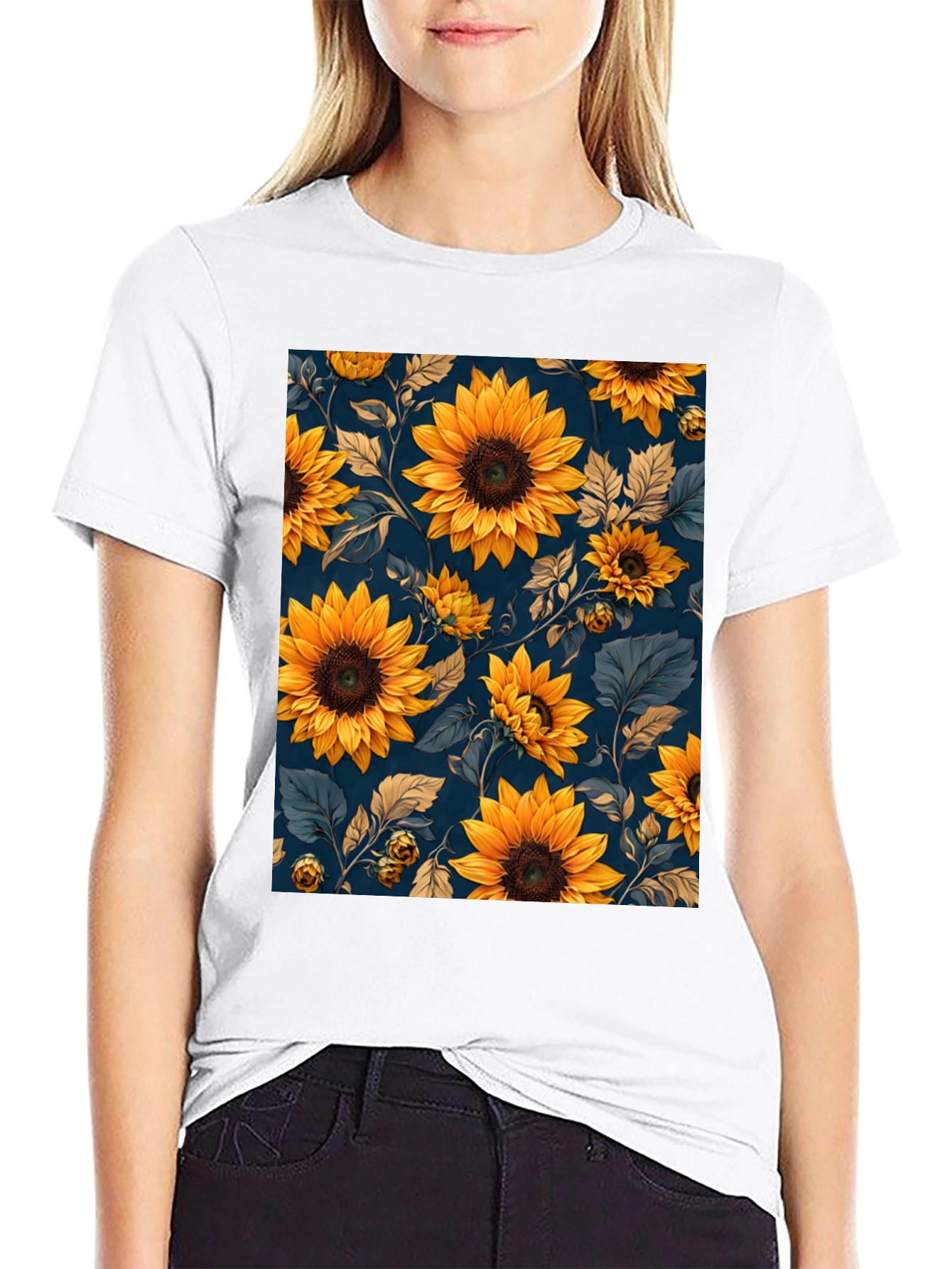 Sunflower Print Black T-Shirt