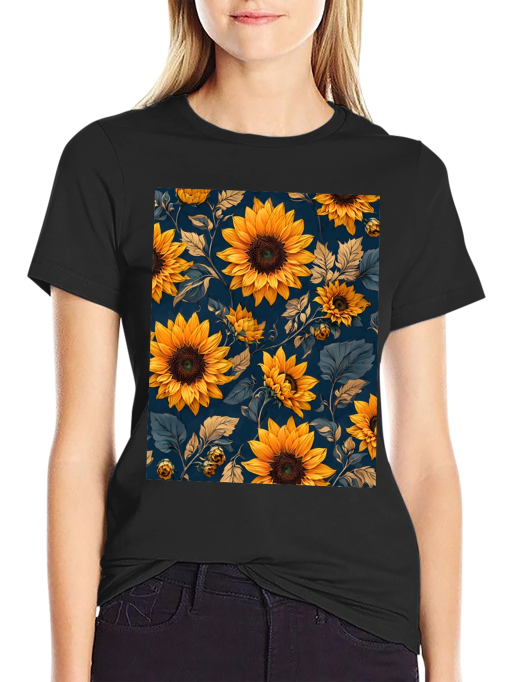 Sunflower Print Black T-Shirt